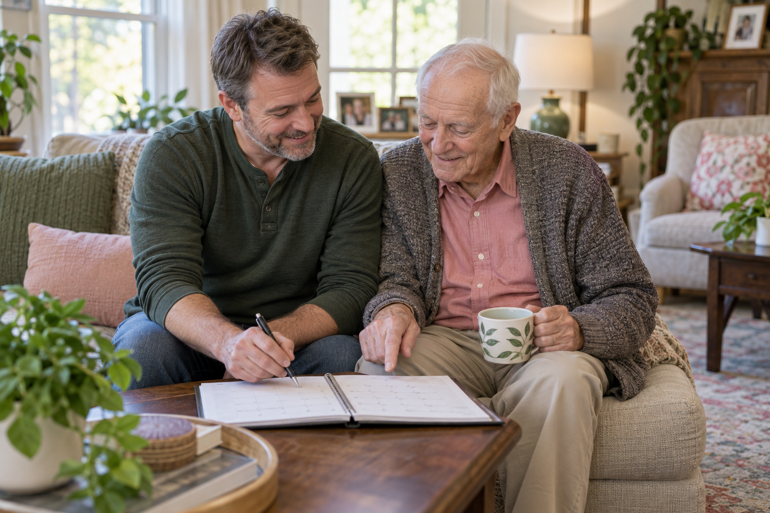 An adult son helping his older father review a calendar at home