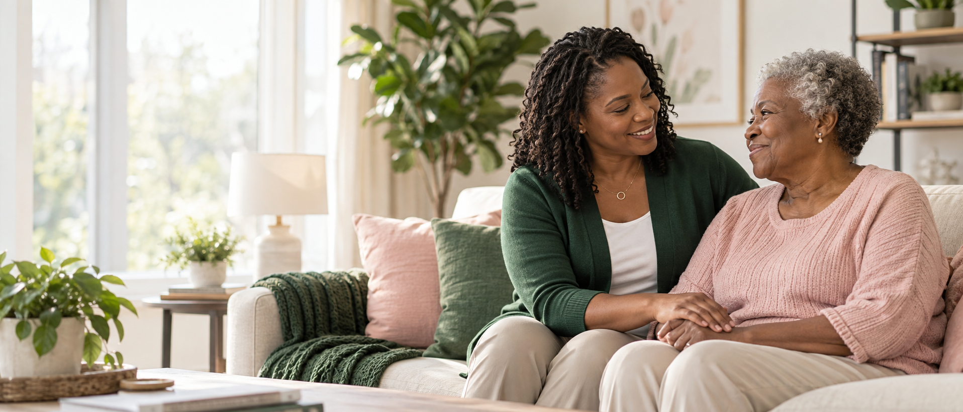 A caregiver and an older adult sharing a supportive conversation at home